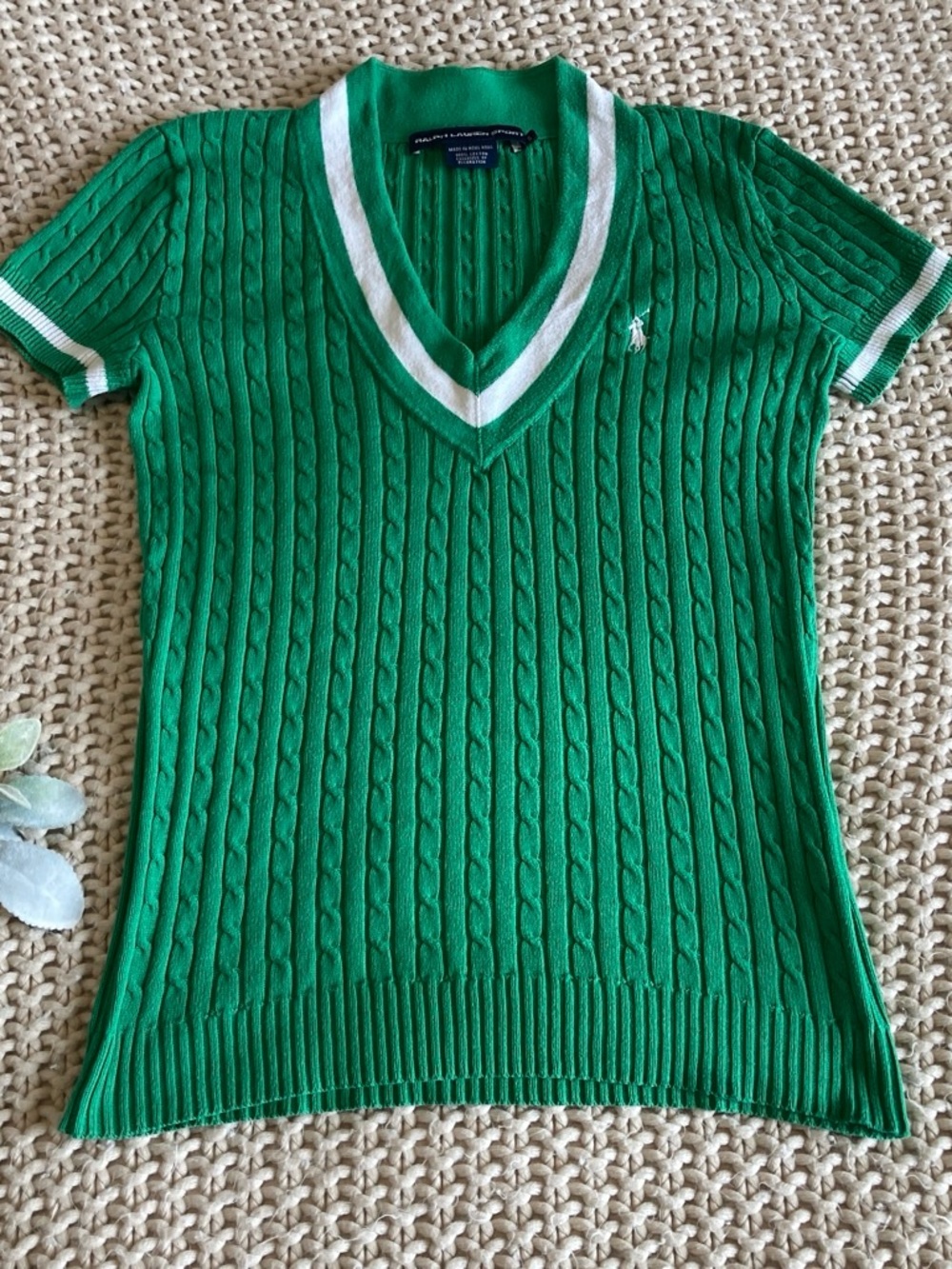 Ralph Lauren Green Cable-Knit V-Neck Sweater with White Trim